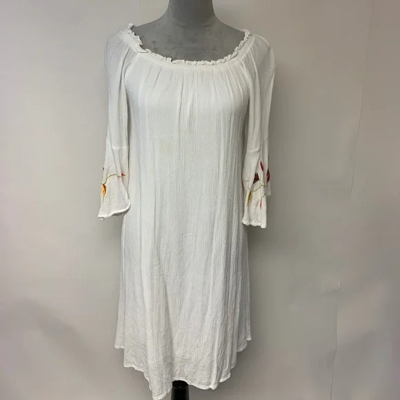 Speed Control New York Dress SZ L White Shift Embroidered Feminine Fairy Crinkle - Picture 1 of 9